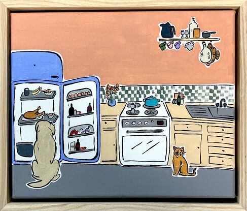 Simplify nostalgic kitchen with dog and fridge. 