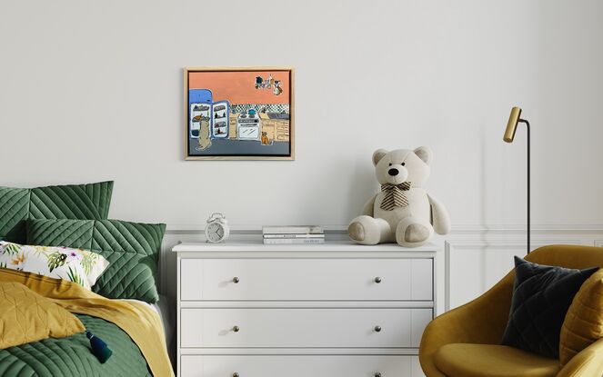 Simplify nostalgic kitchen with dog and fridge. 