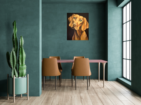 Painted in rich golden hues with a dark background this portrait of a Vizsla captures your heart immediately. This painting shows the expression of  love in the animals eyes and the look of true loyalty every dog owner knows. 