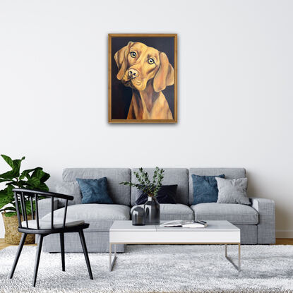 Painted in rich golden hues with a dark background this portrait of a Vizsla captures your heart immediately. This painting shows the expression of  love in the animals eyes and the look of true loyalty every dog owner knows. 