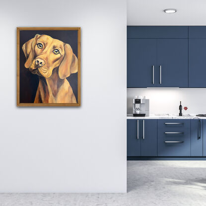 Painted in rich golden hues with a dark background this portrait of a Vizsla captures your heart immediately. This painting shows the expression of  love in the animals eyes and the look of true loyalty every dog owner knows. 