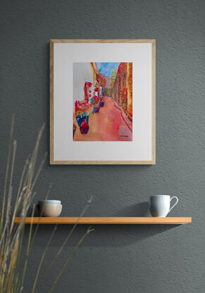 artwork showing a mediterranean narrow street drenched in sunlight