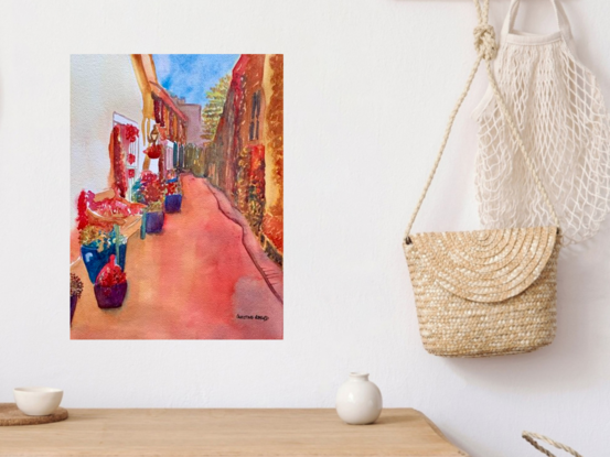 artwork showing a mediterranean narrow street drenched in sunlight