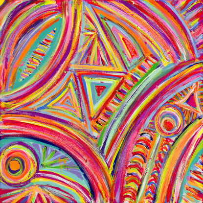 A vibrant abstract painting with lines, circles and bold brushstrokes