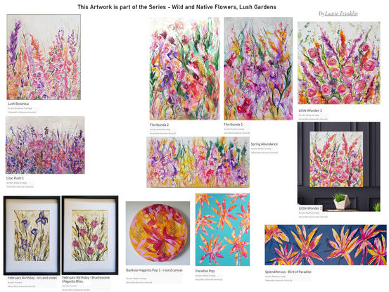 An abstract landscape of bright vivid flowers in pink, red, purple, orange, yellow and greens