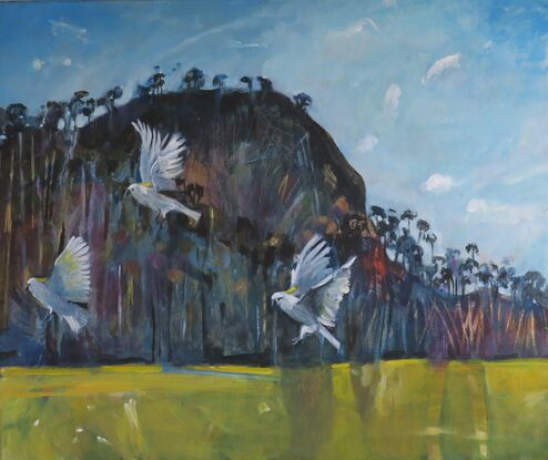 (CreativeWork) Three Cockatoos by Susan Trudinger. Acrylic. Shop online at Bluethumb.