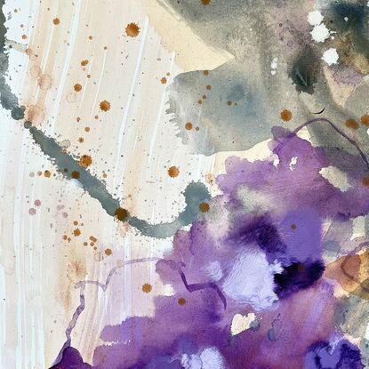 Abstracted swirls, blotches and expressive lines convey an energy and joy found in nature, whilst remaining suggestive of purple flowers amongst green foliage.