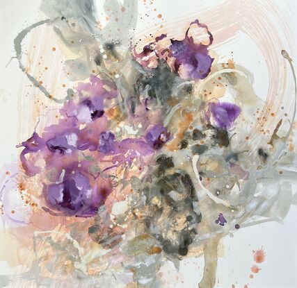 Abstracted swirls, blotches and expressive lines convey an energy and joy found in nature, whilst remaining suggestive of purple flowers amongst green foliage.