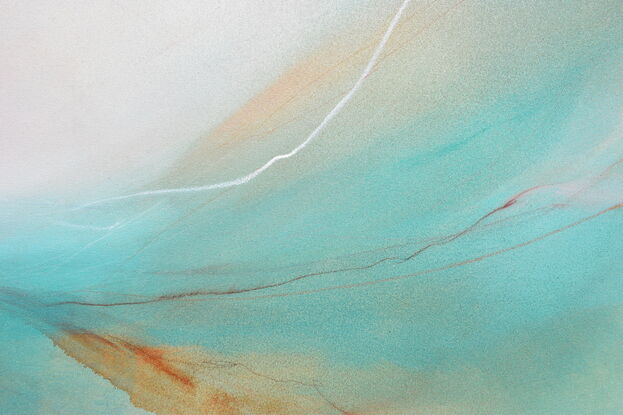 Created with light abstract layers that flow across the canvas. The ocean-inspired aqua paint is allowed to take over as it moves around, starting heavier on the left and swirling around a white and light pink centre. Touches of earthy brown balance out and ground the blues. With touches of light pencil and oil pastel creating flow. The painting creates a feeling of ease, an ability to let go and breathe in calm.