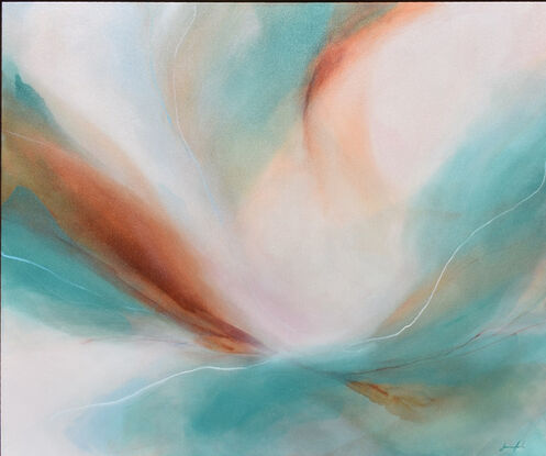 Created with light abstract layers that flow across the canvas. The ocean-inspired aqua paint is allowed to take over as it moves around, starting heavier on the left and swirling around a white and light pink centre. Touches of earthy brown balance out and ground the blues. With touches of light pencil and oil pastel creating flow. The painting creates a feeling of ease, an ability to let go and breathe in calm.