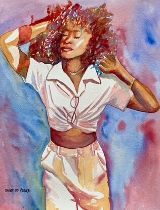 artwork showing a woman with her eyes closed happily shaking out her curly hair 