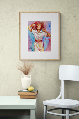 artwork showing a woman with her eyes closed happily shaking out her curly hair 