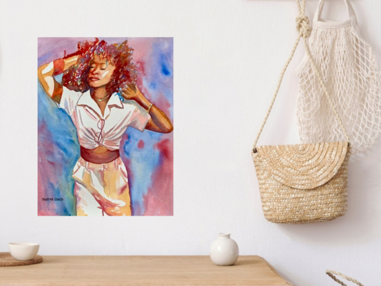 artwork showing a woman with her eyes closed happily shaking out her curly hair 