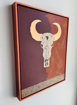 Outback Skull is an mixed media painting acrylic and copper leaf on canvas.
This artwork comes with an external frame  tainted with copper burnished colour.
The skull bull is made with acrylic and the horns are made with copper leaf .
Ready to hang with D rings . Varnished.
This painting was fun to create !
Each painting is provided with a certificate of authenticity. 
Packaged securely in thick walled cartons using protective layering .