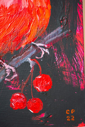 Small painting on wood panel of red cardinal bird perched on a branch with cherry like fruit against a black background