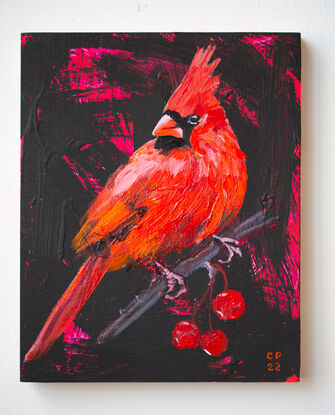 Small painting on wood panel of red cardinal bird perched on a branch with cherry like fruit against a black background