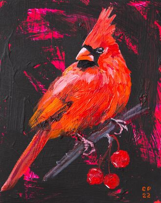 Small painting on wood panel of red cardinal bird perched on a branch with cherry like fruit against a black background