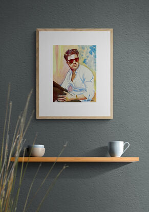 artwork showing a man wearing sunglasses looking off into the sun