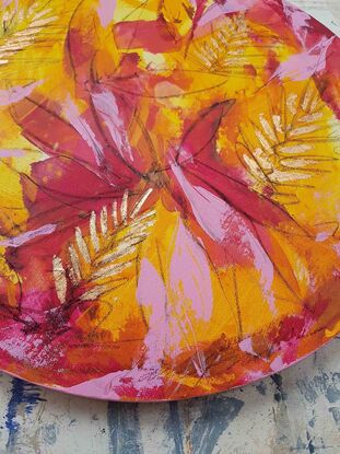 a colourful abstract of banksia tree pods in pink, yellow and orange