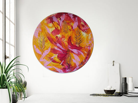 a colourful abstract of banksia tree pods in pink, yellow and orange