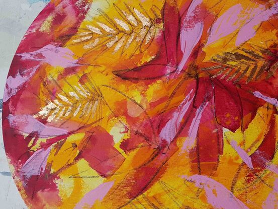 a colourful abstract of banksia tree pods in pink, yellow and orange