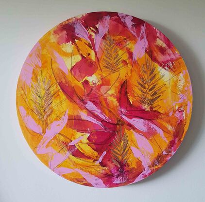 a colourful abstract of banksia tree pods in pink, yellow and orange