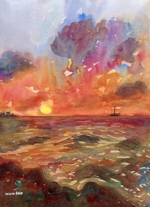 artwork showing a distant boat making its way to harbour under a sky made colourful by the setting sun