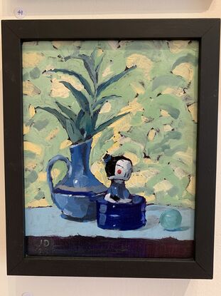 China figurine, vase holding leaves in front of Bonnard inspired background.