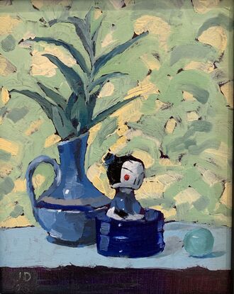 China figurine, vase holding leaves in front of Bonnard inspired background.