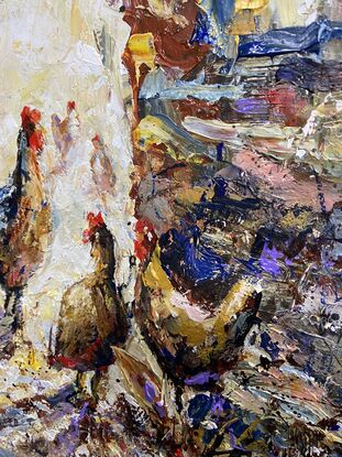 Ivana Pinaffo, chooks going for a stroll, birds, chooks, chickens, nature, textured acrylics, original, original art, ready to hang,kitchen,, home, country, country kitchen,