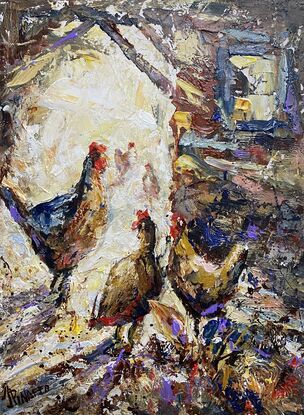 Ivana Pinaffo, chooks going for a stroll, birds, chooks, chickens, nature, textured acrylics, original, original art, ready to hang,kitchen,, home, country, country kitchen,