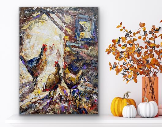 Ivana Pinaffo, chooks going for a stroll, birds, chooks, chickens, nature, textured acrylics, original, original art, ready to hang,kitchen,, home, country, country kitchen,