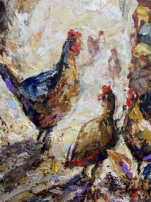 Ivana Pinaffo, chooks going for a stroll, birds, chooks, chickens, nature, textured acrylics, original, original art, ready to hang,kitchen,, home, country, country kitchen,