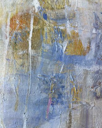 A textured abstract with main colours of golden/ red oxide, lavender and white to a peaceful, gentle, subtle painting with hints of drips and other colours beneath the layers. 