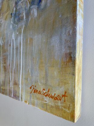 A textured abstract with main colours of golden/ red oxide, lavender and white to a peaceful, gentle, subtle painting with hints of drips and other colours beneath the layers. 