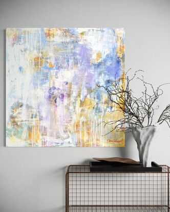 A textured abstract with main colours of golden/ red oxide, lavender and white to a peaceful, gentle, subtle painting with hints of drips and other colours beneath the layers. 