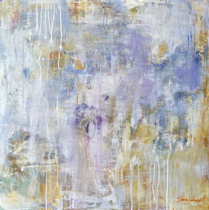 A textured abstract with main colours of golden/ red oxide, lavender and white to a peaceful, gentle, subtle painting with hints of drips and other colours beneath the layers. 