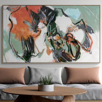 bold marks in beige, white, peach, apricot, orange, mint and sage green, grey, and light blue across the canvas suggestive of flowers and the flame of the forrest in the landscape made from large expressive painterly marks that uplift the soul.