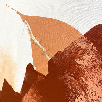 Subtle tones in warm earthy beige, peach, apricot, salmon, terracotta, white and grey combined with large expressive marks, across the canvas surface. 