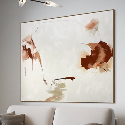 Subtle tones in warm earthy beige, peach, apricot, salmon, terracotta, white and grey combined with large expressive marks, across the canvas surface. 