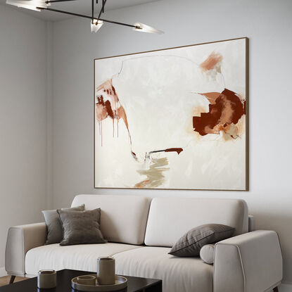 Subtle tones in warm earthy beige, peach, apricot, salmon, terracotta, white and grey combined with large expressive marks, across the canvas surface. 