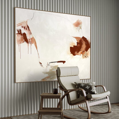 Subtle tones in warm earthy beige, peach, apricot, salmon, terracotta, white and grey combined with large expressive marks, across the canvas surface. 