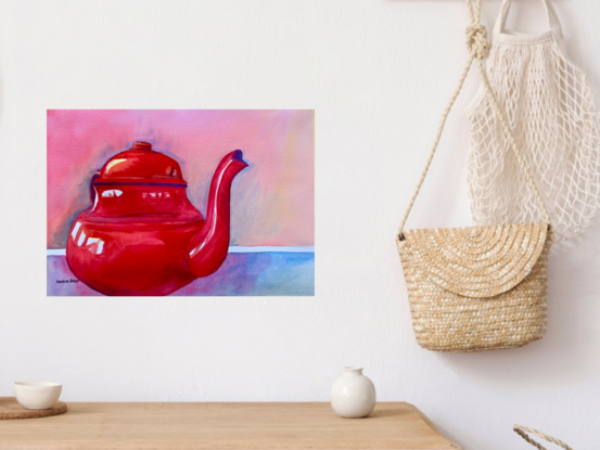 artwork showing a gleaming red tea pot