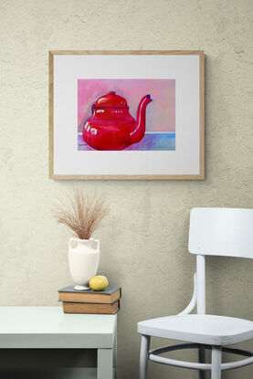 artwork showing a gleaming red tea pot