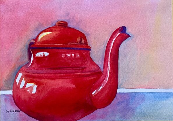 artwork showing a gleaming red tea pot