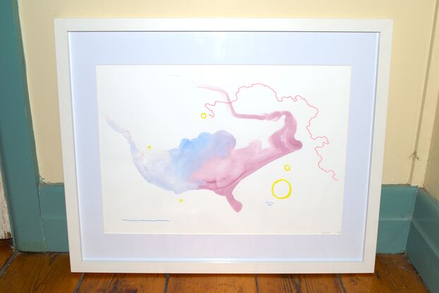 A blue and purple amorphous shape that could be a coastline is in the center of white paper. Yellow circles are scattered across the white paper. A pink shaky line crosses from the right corner to a yellow circle  in the upper center. A long blue line and two short blue lines sit parallel to the edge are along the bottom fourth of the art work.