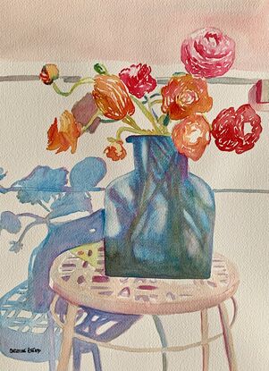 artwork showing a vase of flowers on a table with shadows