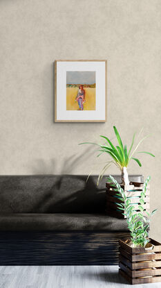 artwork showing a woman standing on a beach with grassy topped dunes in the distance