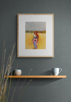 artwork showing a woman standing on a beach with grassy topped dunes in the distance