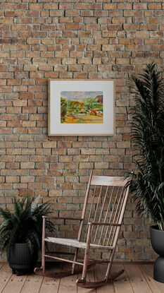 artwork showing a landscape view of a village located in the Lake District in Cumbria, England with the fells in the distance